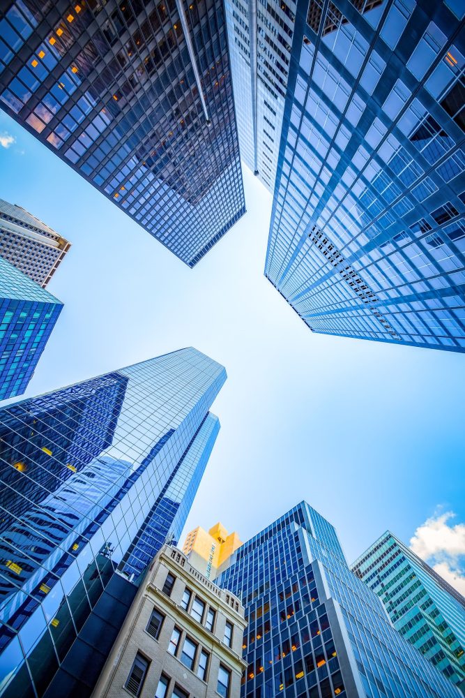 Up view in financial district, Manhattan, New York